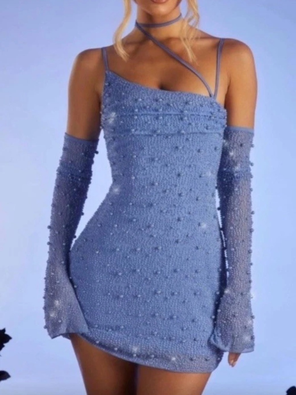 NWT OH POLLY SIZE 6 Blue Pearl Embellished One Shoulder Bodycon Party Dress